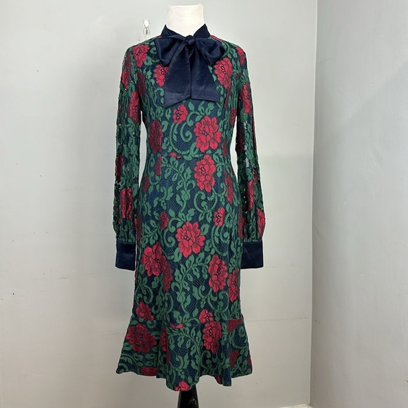 NWT The Moon Collection Green Lace Floral Neck Bow Dress Sz M - Picture 4 of 12